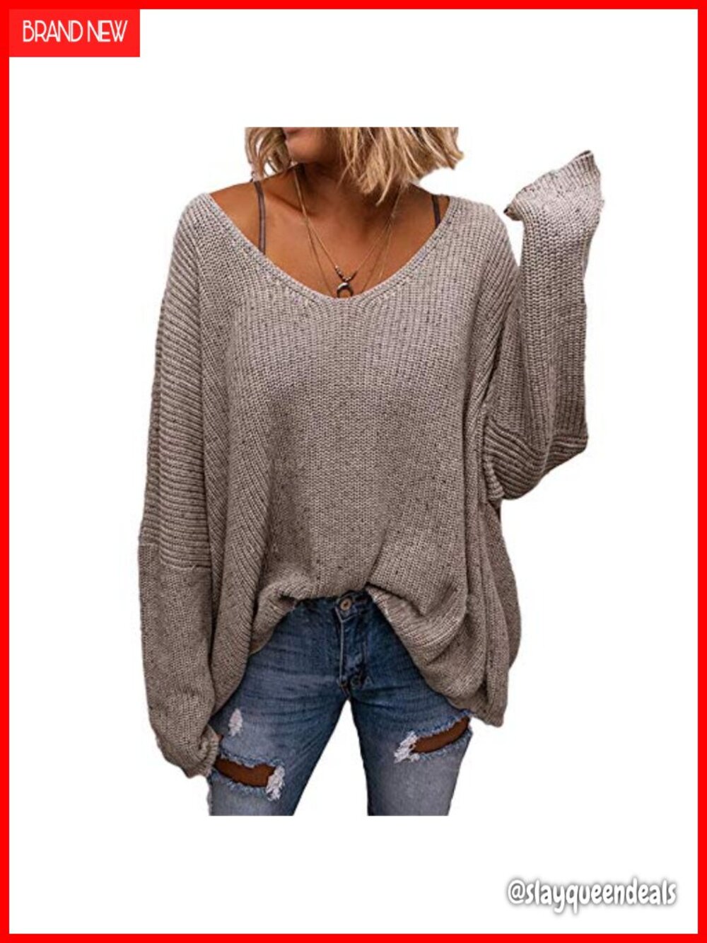Waffle Knit Oversized V-Neck Pullover Sweater Long Sleeve